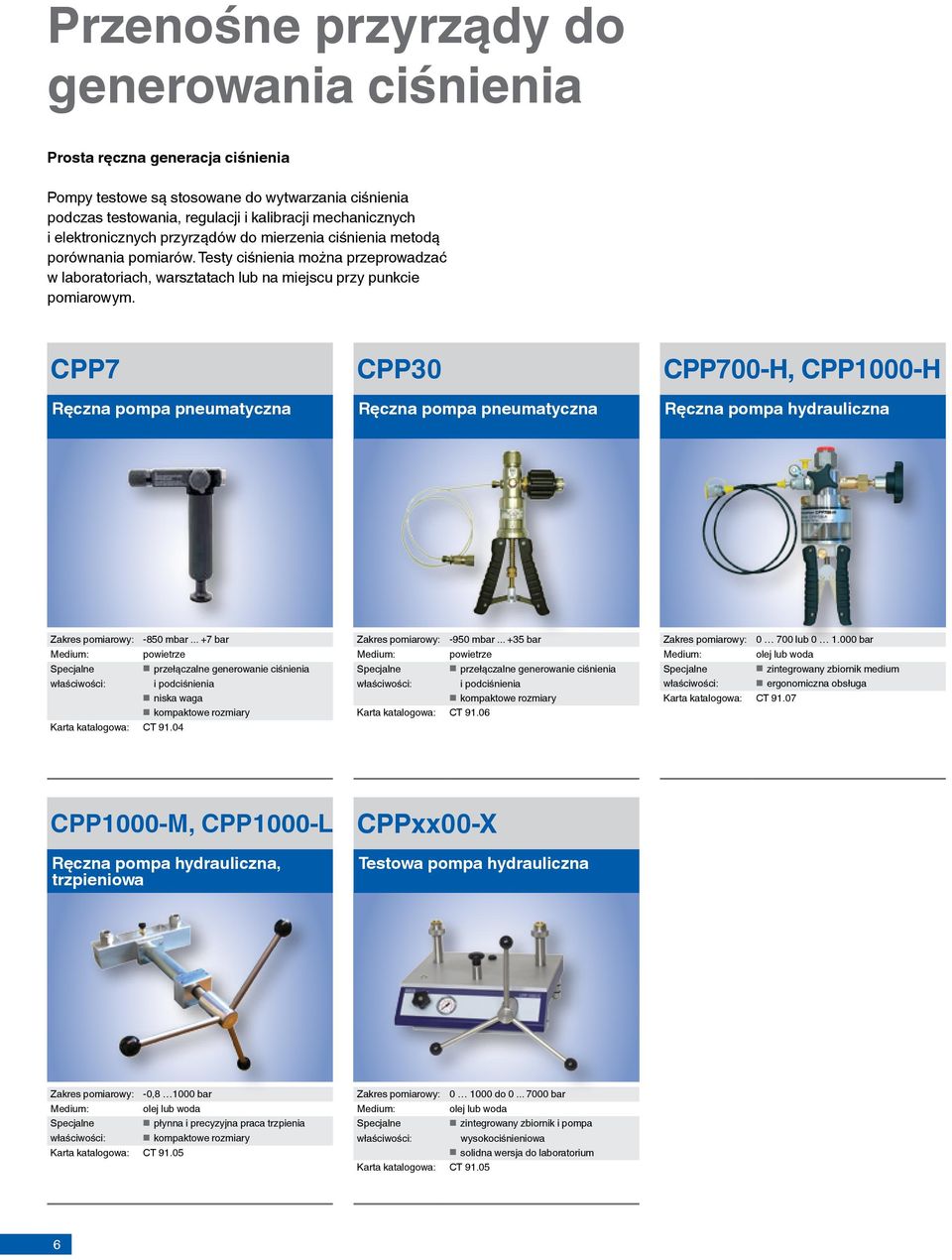 CPP7 Ręczna pompa pneumatyczna CPP30 Ręczna pompa pneumatyczna CPP700-H, CPP1000-H Ręczna pompa hydrauliczna Zakres pomiarowy: -850 mbar.