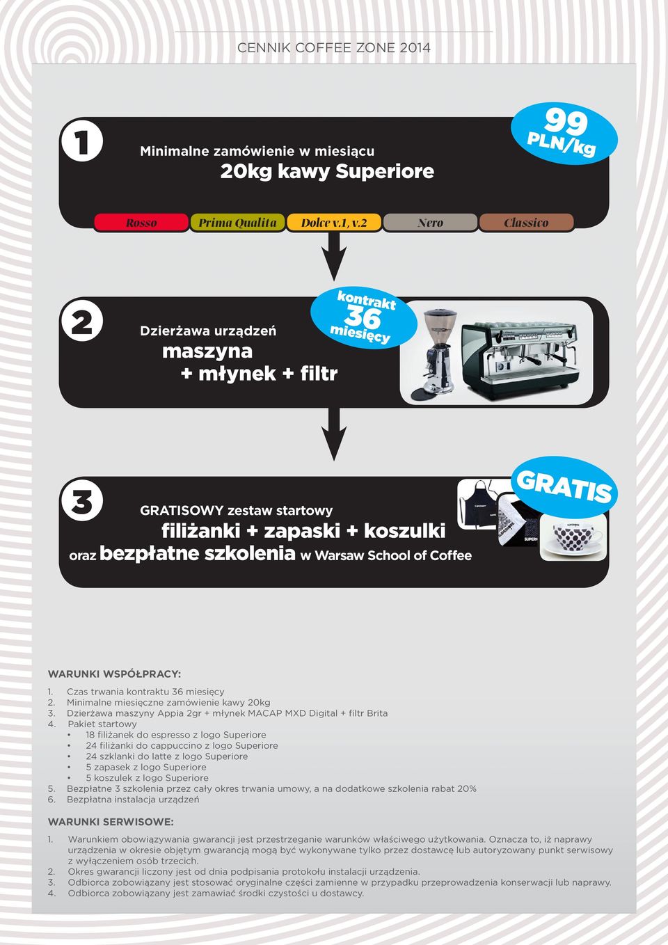 WARUNKI WSPÓŁPRACY: 1. Czas trwania kontraktu 36 miesięcy 2. Minimalne miesięczne zamówienie kawy 20kg 3. Dzierżawa maszyny Appia 2gr + młynek MACAP MXD Digital + filtr Brita 4.