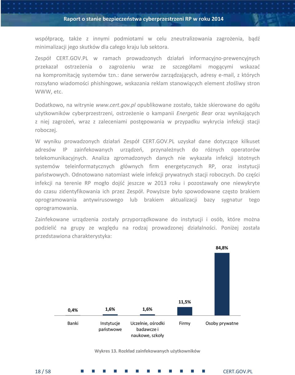 : dane serwerów zarządzających, adresy e-mail, z których rozsyłano wiadomości phishingowe, wskazania reklam stanowiących element złośliwy stron WWW, etc. Dodatkowo, na witrynie www.cert.gov.
