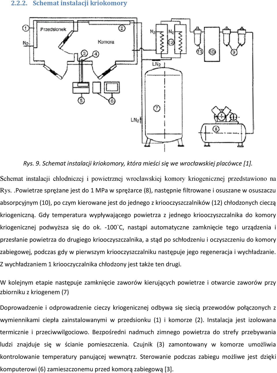 .Powietrze sprężane jest do 1 MPa w sprężarce (8), następnie filtrowane i osuszane w osuszaczu absorpcyjnym (10), po czym kierowane jest do jednego z kriooczyszczalników (12) chłodzonych cieczą