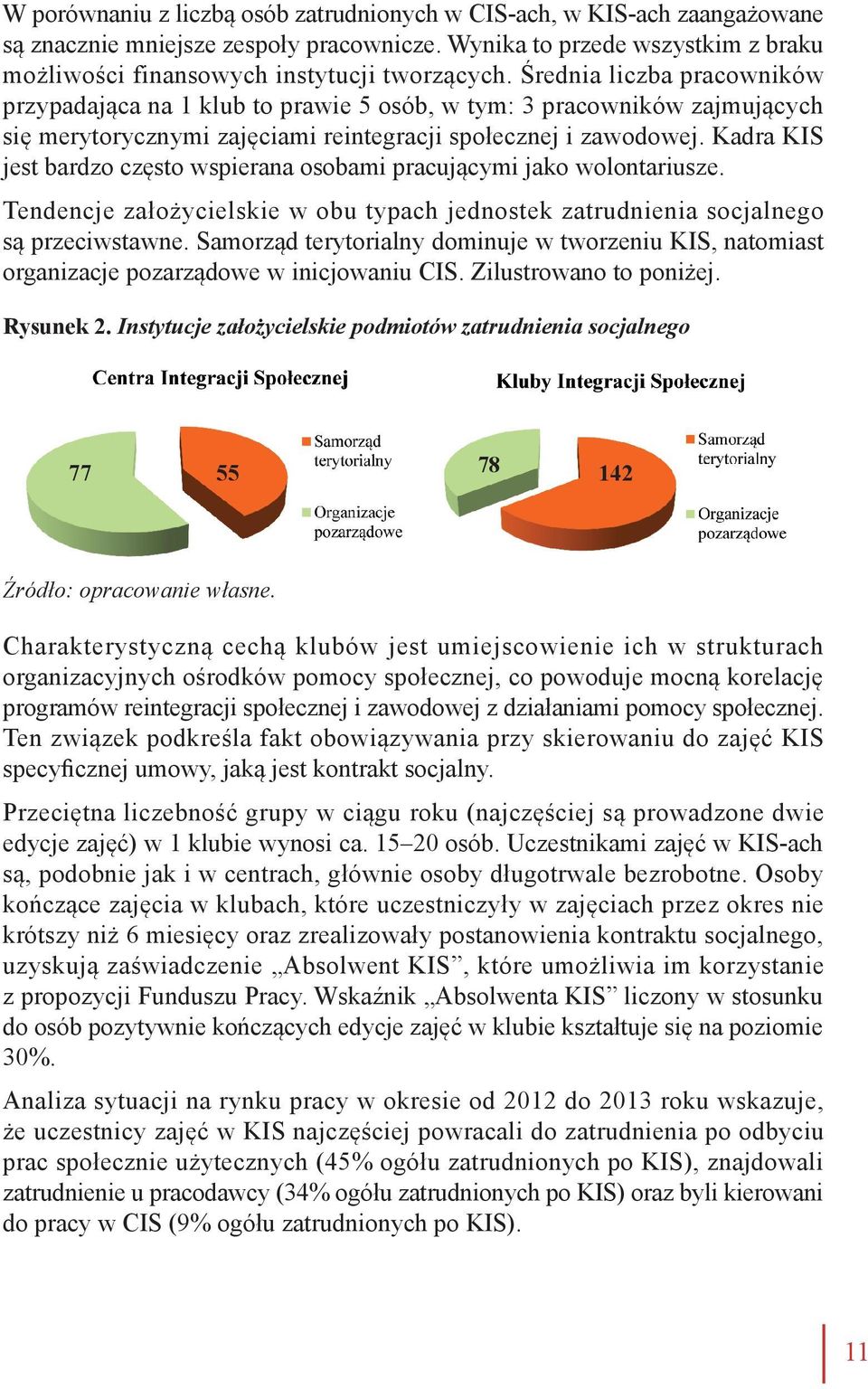 Kadra KIS jest bardzo często wspierana osobami pracującymi jako wolontariusze. Tendencje założycielskie w obu typach jednostek zatrudnienia socjalnego są przeciwstawne.