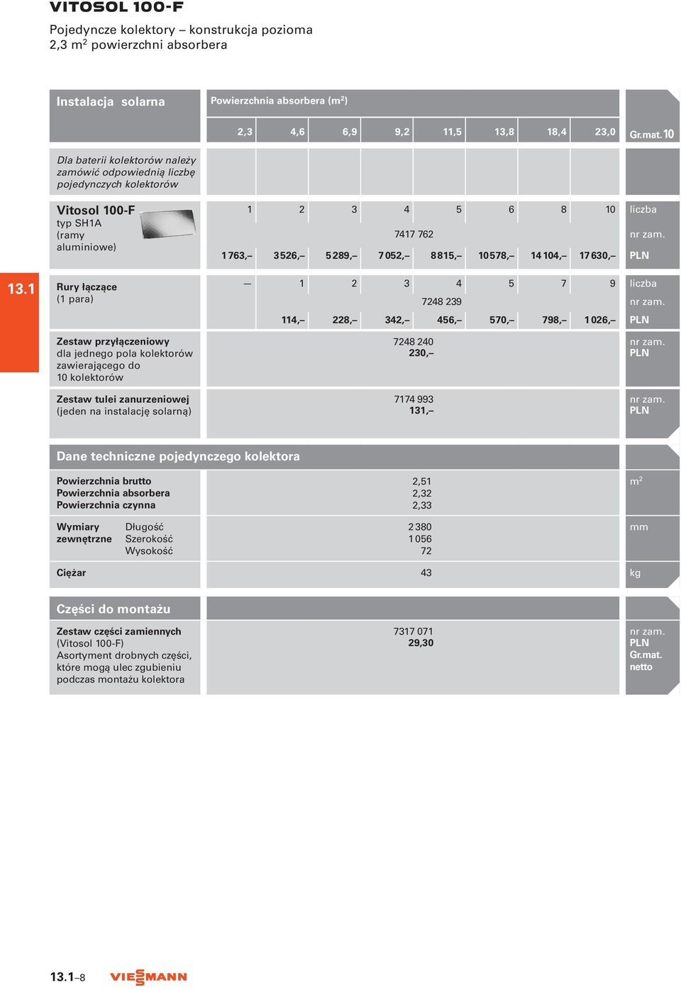 1 Vitosol 100-F typ SH1A (ramy aluminiowe) Rury łączące (1 para) 1 2 3 4 5 6 8 10 liczba 7417 762 1763, 3526, 5289, 7052, 8815, 10 578, 14 104, 17 630, 1 2 3 4 5 7 9 liczba 7248 239 114, 228, 342,