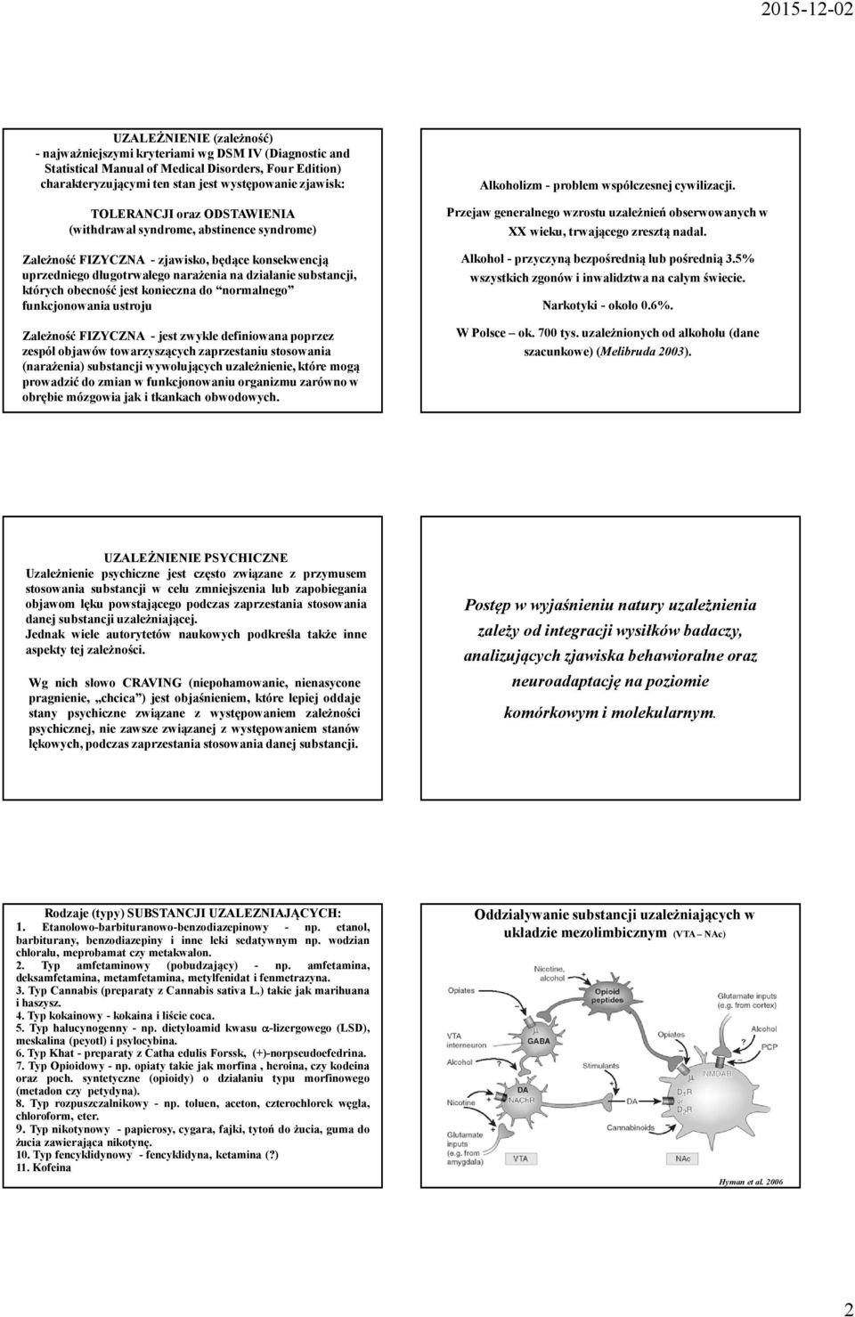 konieczna do normalnego funkcjonowania ustroju Zależność FIZYCZNA -jest zwykle definiowana poprzez zespół objawów towarzyszących zaprzestaniu stosowania (narażenia) substancji wywołujących