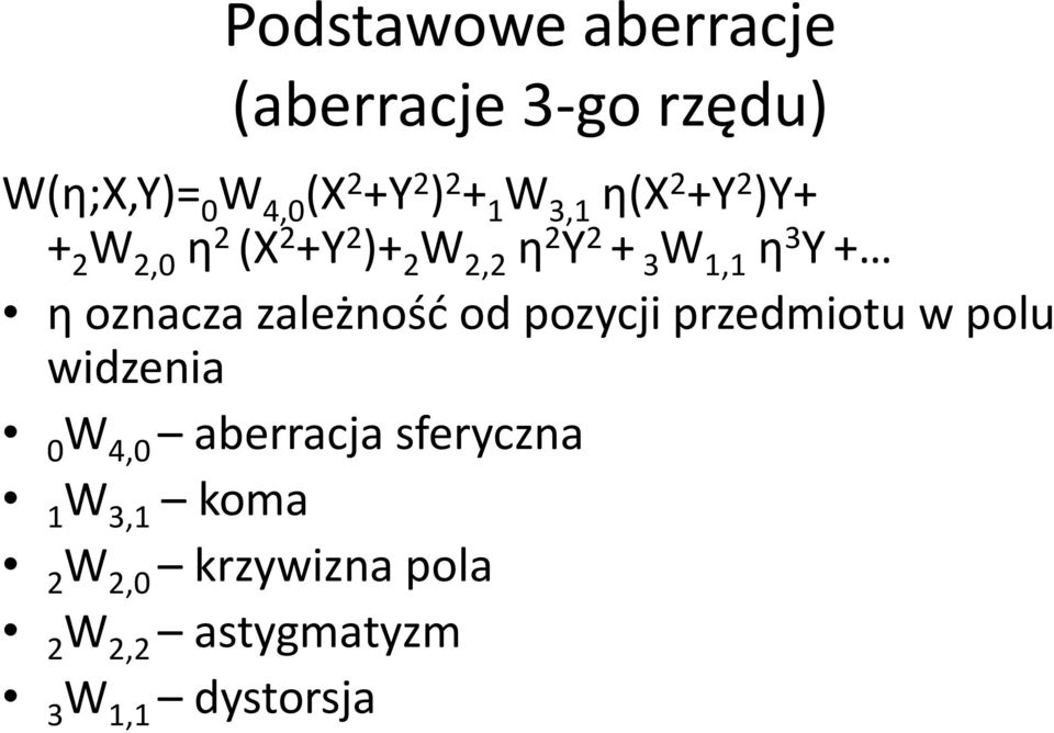 + η oznacza zależność od pozycji przedmiotu w polu widzenia 0 W 4,0 aberracja