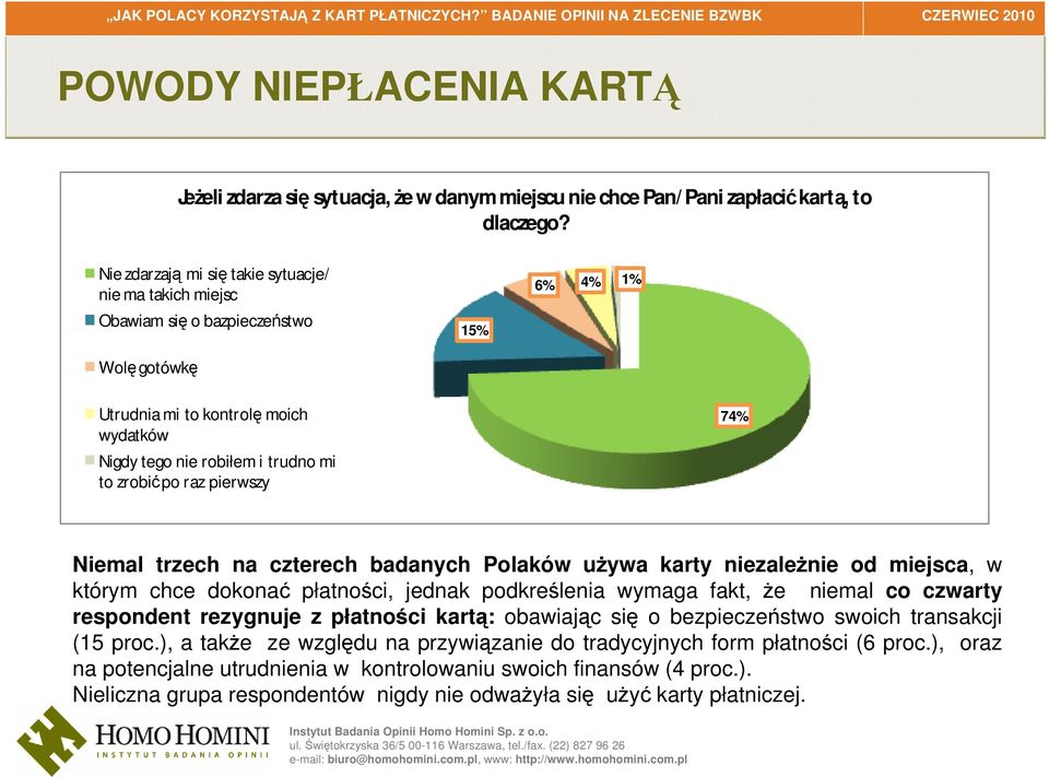 raz pierwszy 74% Niemal trzech na czterech badanych Polaków używa karty niezależnie od miejsca, w którym chce dokonać płatności, jednak podkreślenia wymaga fakt, że niemal co czwarty respondent