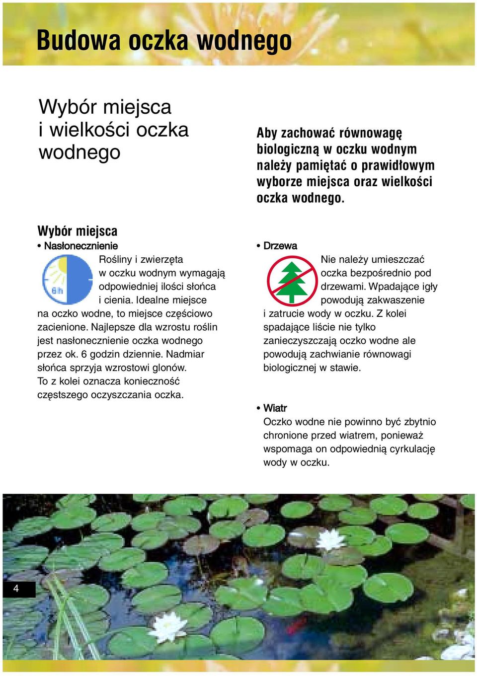 To z kolei oznacza konieczność częstszego oczyszczania oczka. Aby zachowaæ równowagê biologiczn¹ w oczku wodnym nale y pamiêtaæ o prawid³owym wyborze miejsca oraz wielkoœci oczka wodnego.