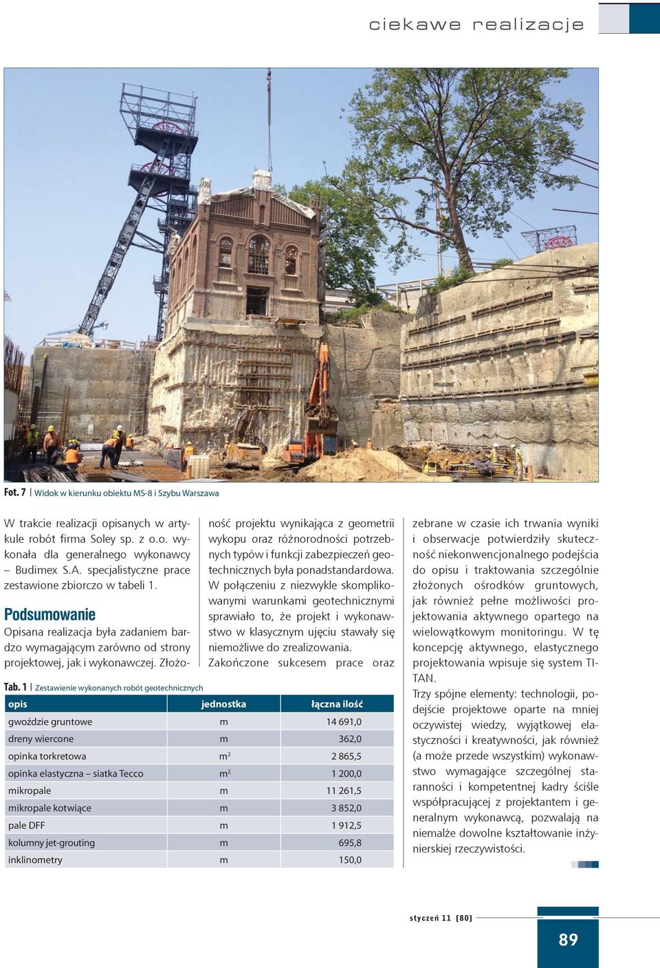 1 Zestawienie wykonanych robót geotechnicznych ność projektu wynikająca z geometrii wykopu oraz różnorodności potrzebnych typów i funkcji zabezpieczeń geotechnicznych była ponadstandardowa.