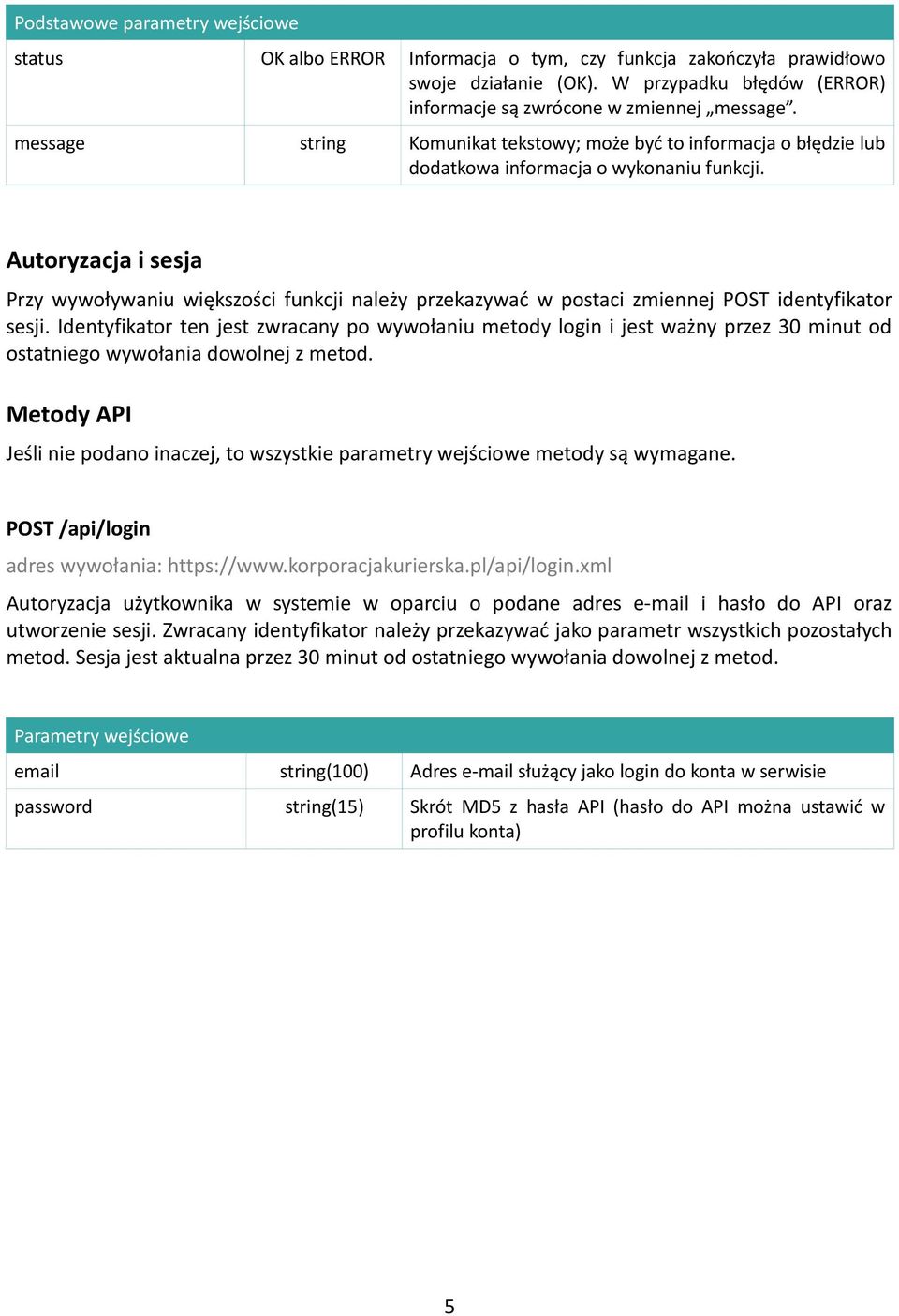 Metody API Jeśli nie podano inaczej, to wszystkie parametry wejściowe metody są wymagane. POST /api/login adres wywołania: https://www.korporacjakurierska.pl/api/login.