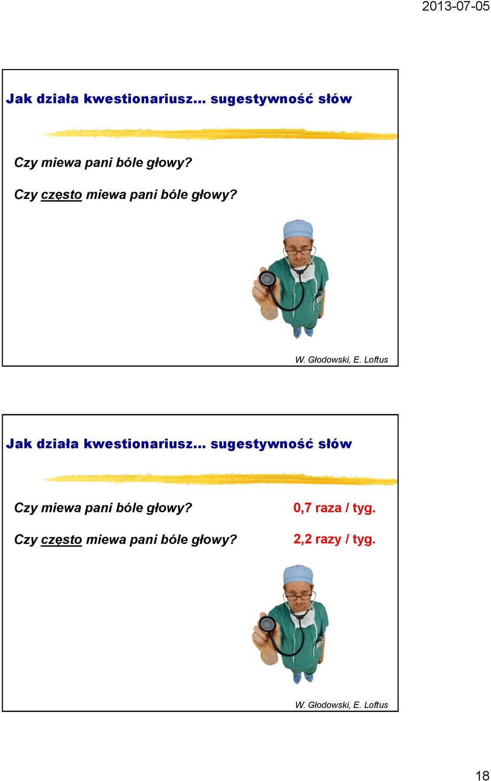 Loftus  Czy często miewa pani bóle głowy? 0,7 raza / tyg. 2,2 razy / tyg.