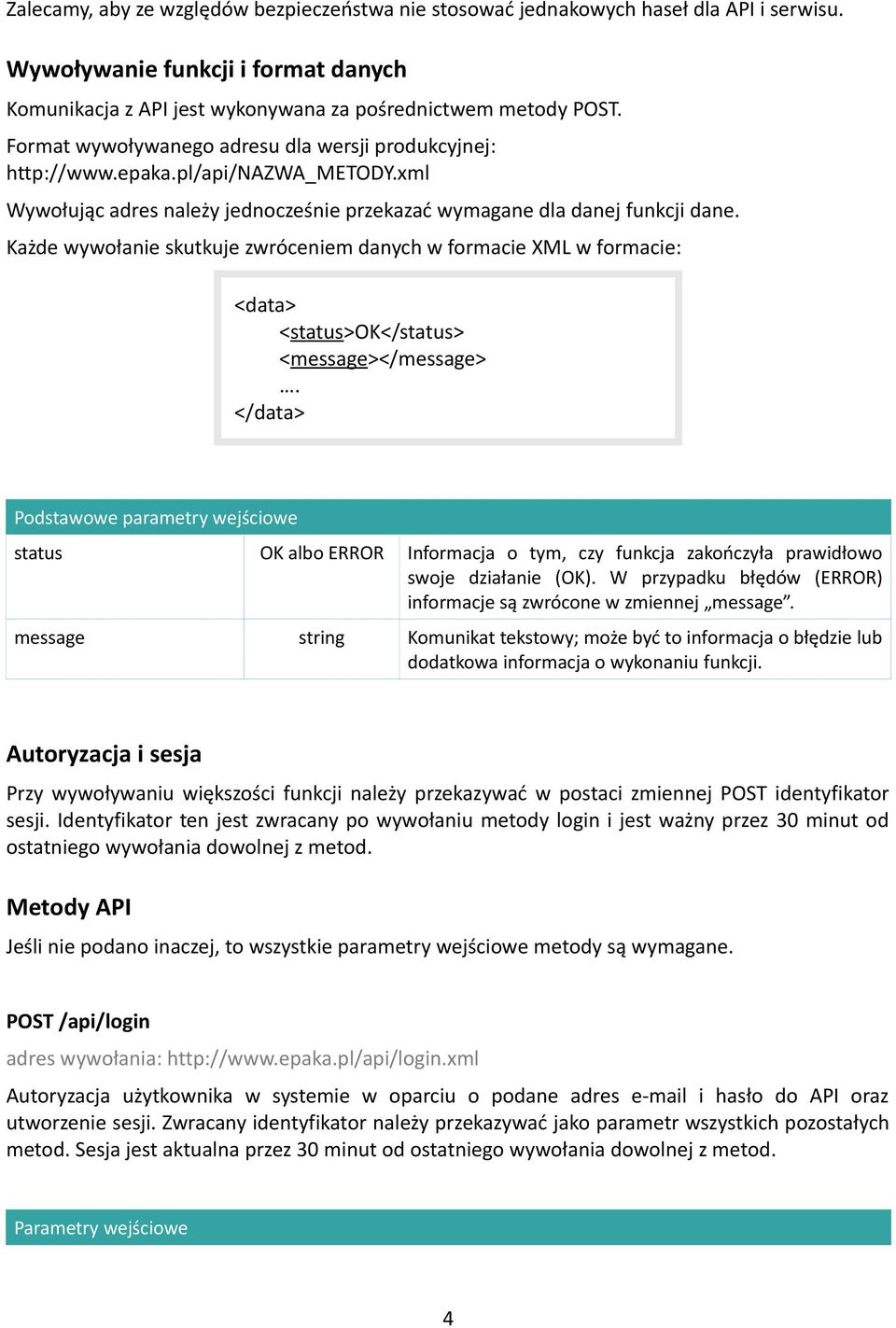 Każde wywołanie skutkuje zwróceniem danych w formacie XML w formacie: <data> <status>ok</status> <message></message>.