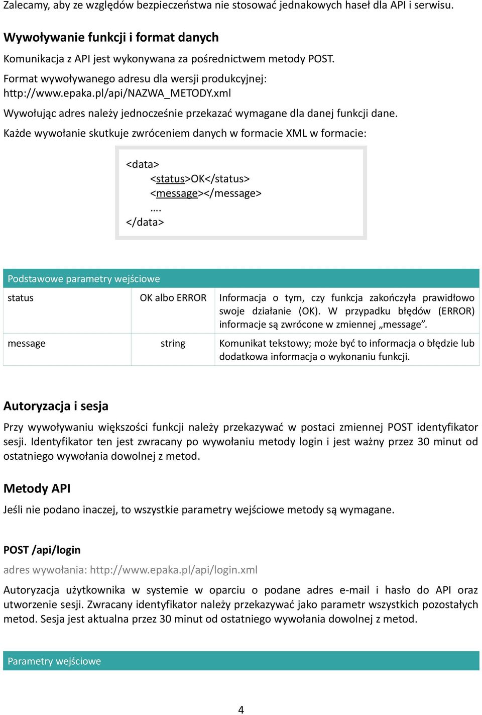 Każde wywołanie skutkuje zwróceniem danych w formacie XML w formacie: <data> <status>ok</status> <message></message>.