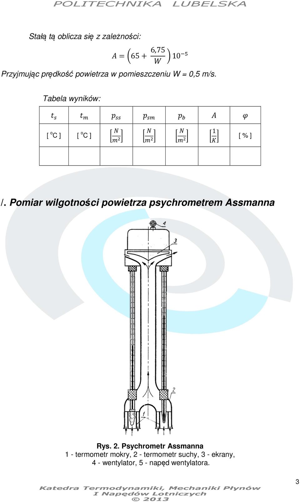 Pomiar wilgotności powietrza psychrometrem Assmanna Rys. 2.