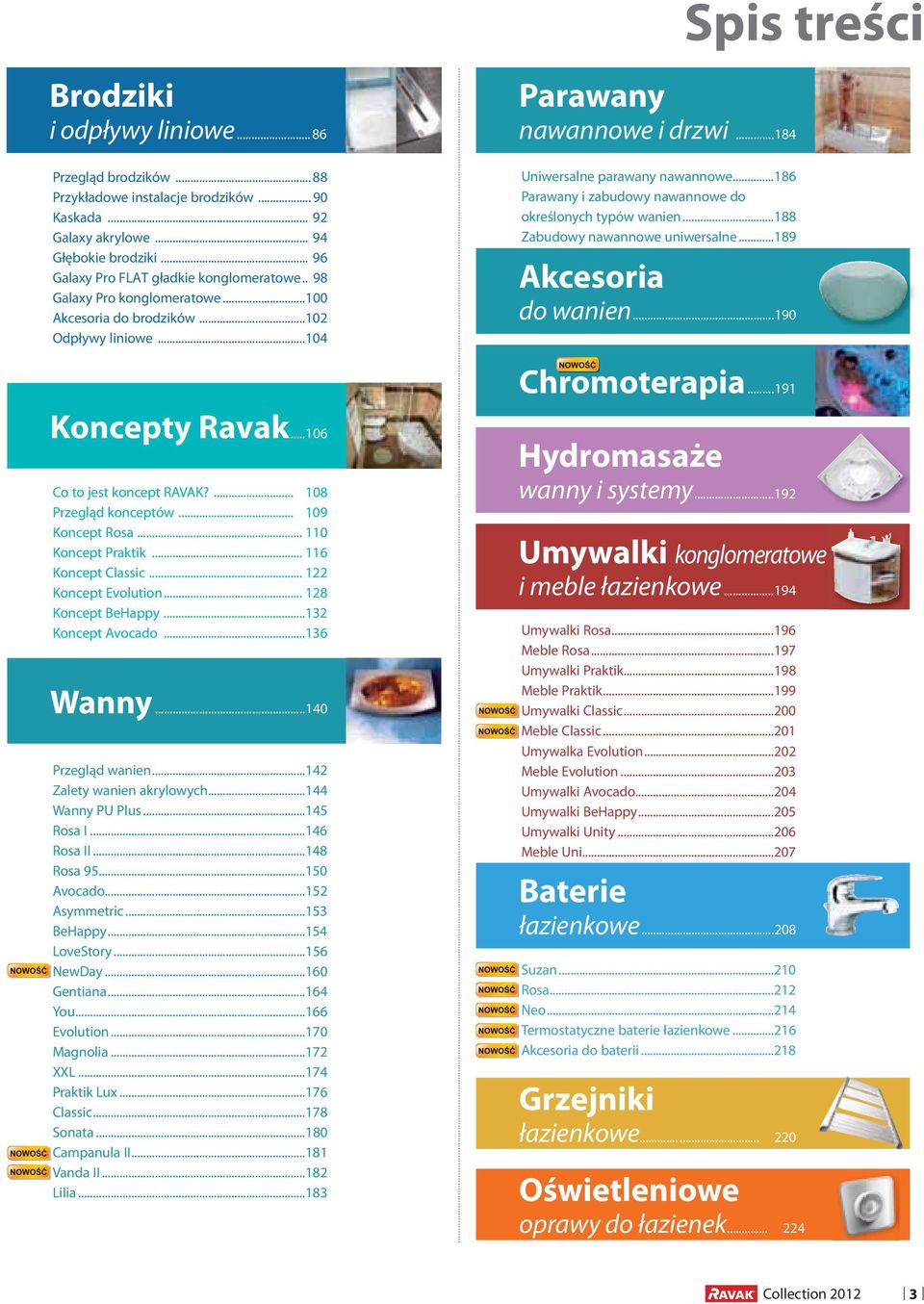 ..186 Parawany i zabudowy nawannowe do określonych typów wanien...188 Zabudowy nawannowe uniwersalne...189 Akcesoria do wanien...190 Chromoterapia...191 Koncepty Ravak...106 Co to jest koncept RAVAK?