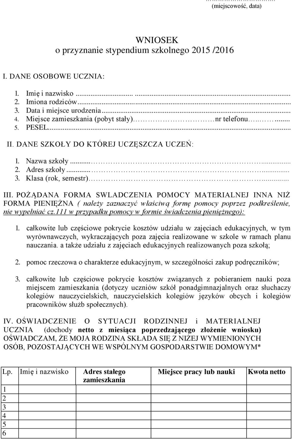 POŻĄDANA FORMA SWLADCZENIA POMOCY MATERIALNEJ INNA NIŻ FORMA PIENIĘŻNA ( należy zaznaczyć właściwą formę pomocy poprzez podkreślenie, nie wypełniać cz.