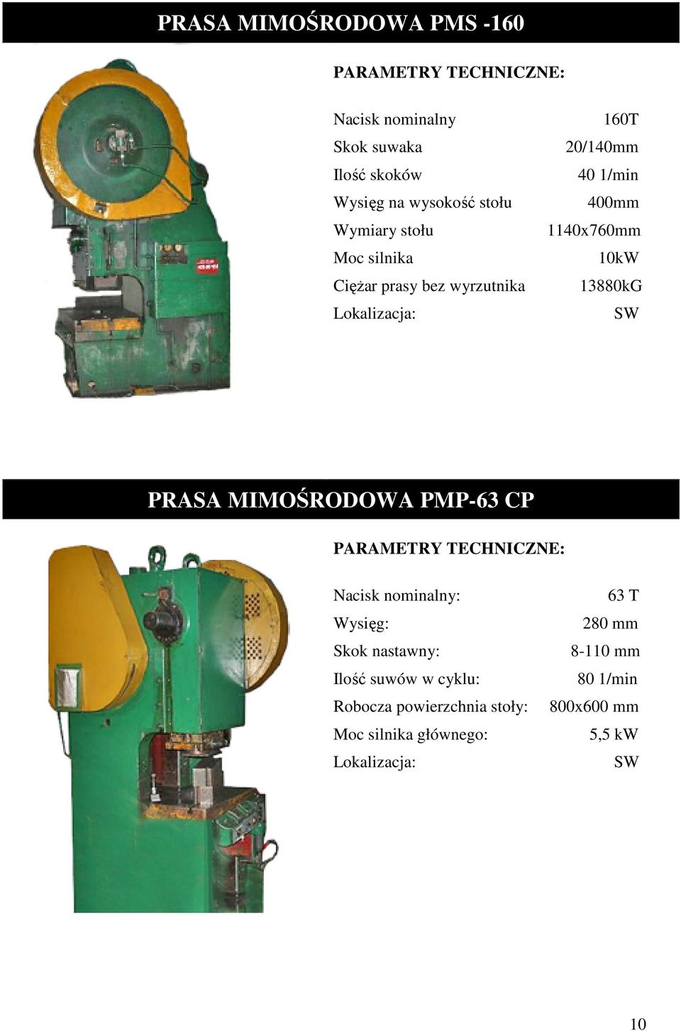 13880kG PRASA MIMOŚRODOWA PMP-63 CP Nacisk nominalny:...63 T Wysięg:...280 mm Skok nastawny:.