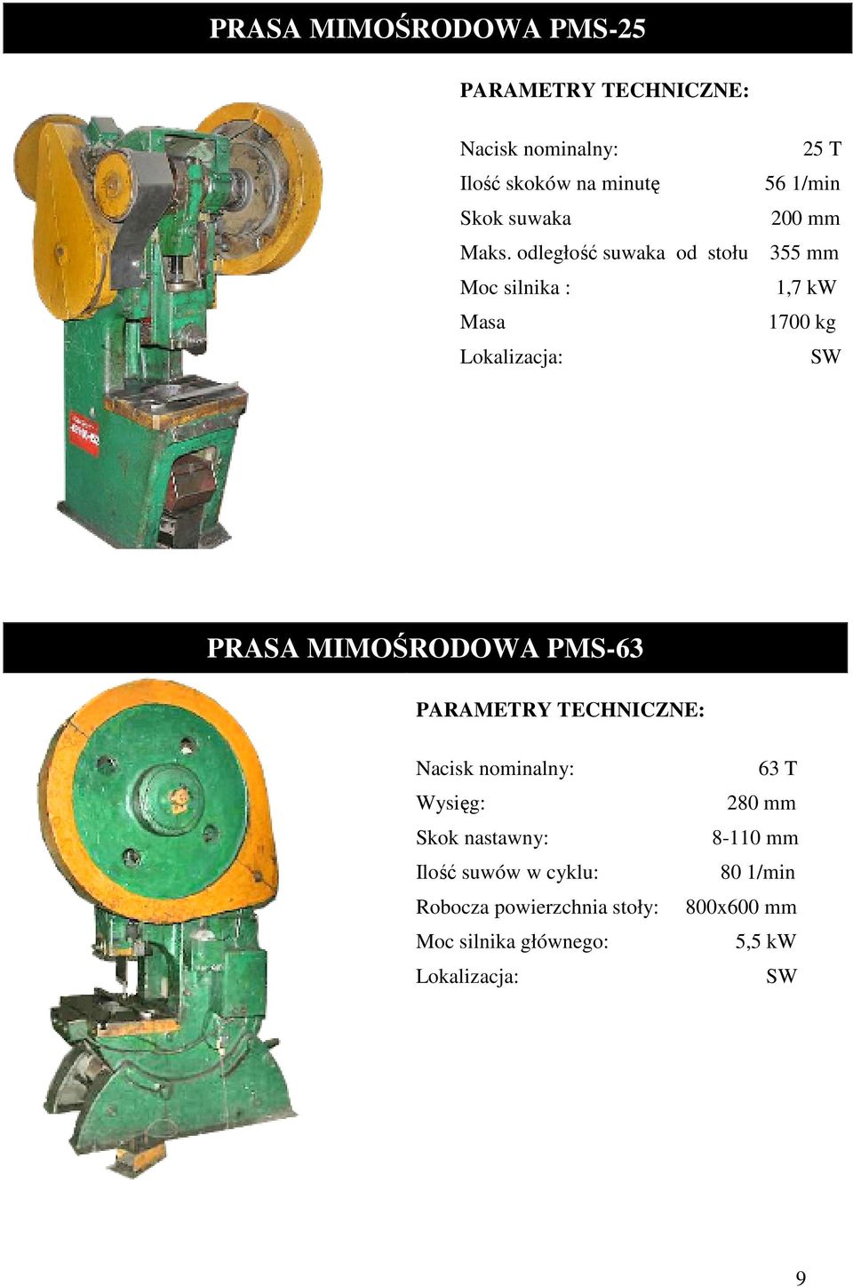 .. 1,7 kw Masa 1700 kg PRASA MIMOŚRODOWA PMS-63 Nacisk nominalny:...63 T Wysięg:.