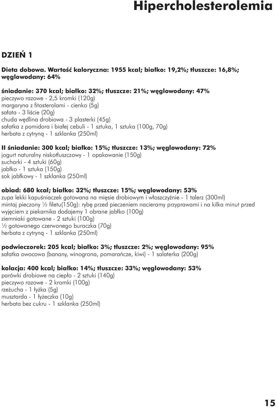 (20g) chuda wędlina drobiowa - 3 plasterki (45g) sałatka z pomidora i białej cebuli - 1 sztuka, 1 sztuka (100g, 70g) herbata z cytryną - 1 szklanka (250ml) II śniadanie: 300 kcal; białko: 15%;