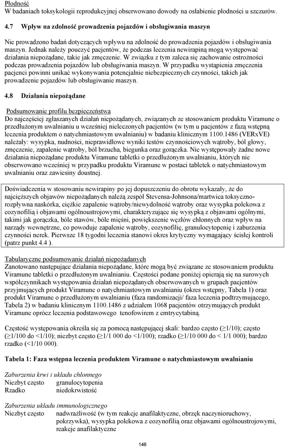 Jednak należy pouczyć pacjentów, że podczas leczenia newirapiną mogą występować działania niepożądane, takie jak zmęczenie.