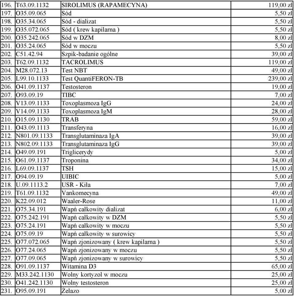 O93.09.19 TIBC 208. V13.09.1133 Toxoplasmoza IgG 24,00 zł 209. V14.09.1133 Toxoplasmoza IgM 2 210. O15.09.1130 TRAB 59,00 zł 211. O43.09.1113 Transferyna 16,00 zł 212. N801.09.1133 Transglutaminaza IgA 213.