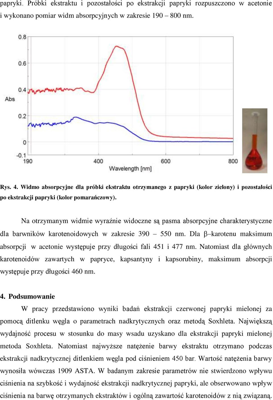 Na otrzymanym widmie wyraźnie widoczne są pasma absorpcyjne charakterystyczne dla barwników karotenoidowych w zakresie 390 550 nm.