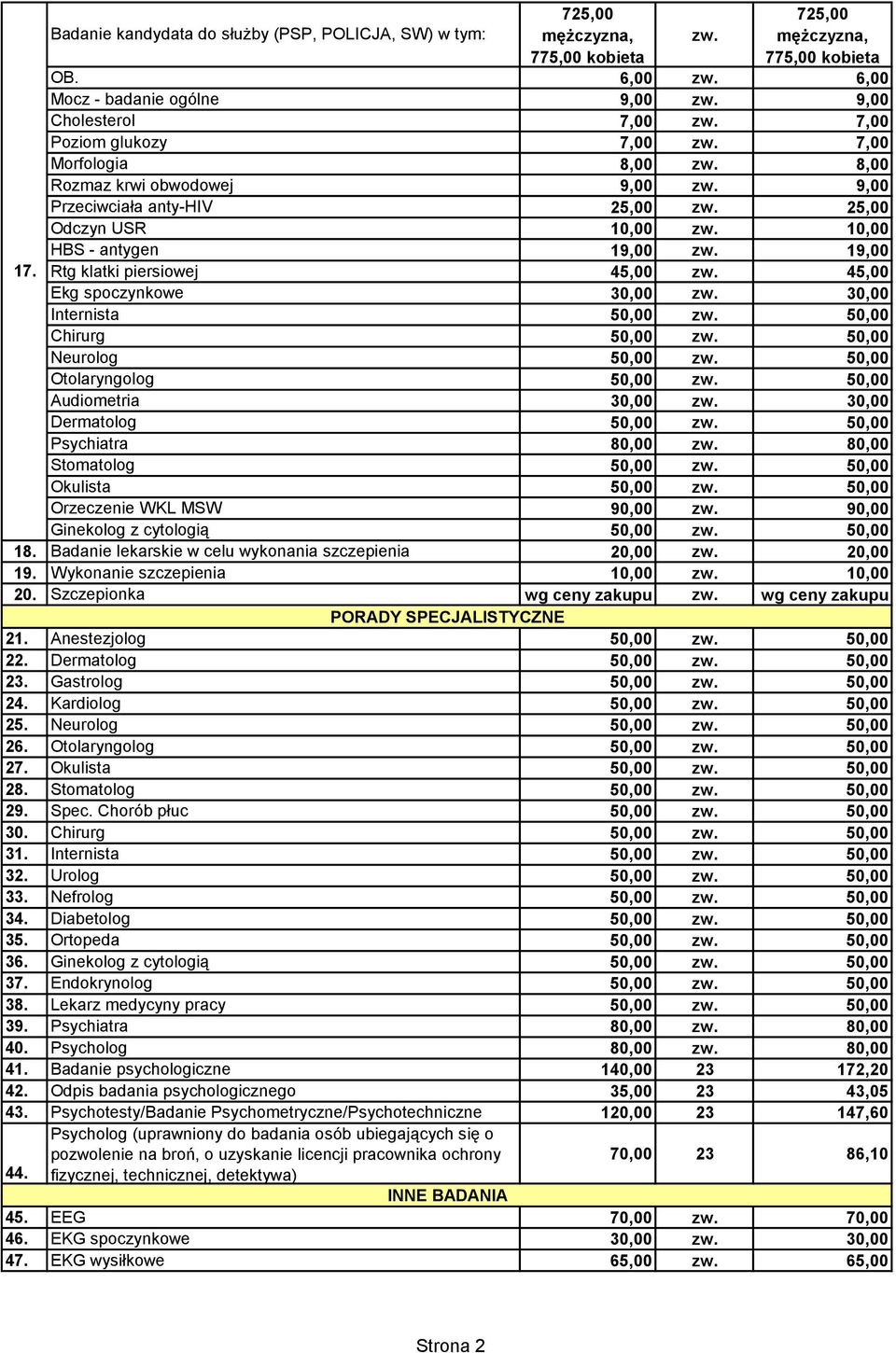 Rtg klatki piersiowej Ekg spoczynkowe Internista Chirurg Neurolog Otolaryngolog Audiometria Dermatolog Psychiatra Stomatolog Okulista Orzeczenie WKL MSW 90,00 zw. 90,00 Ginekolog z cytologią 18.