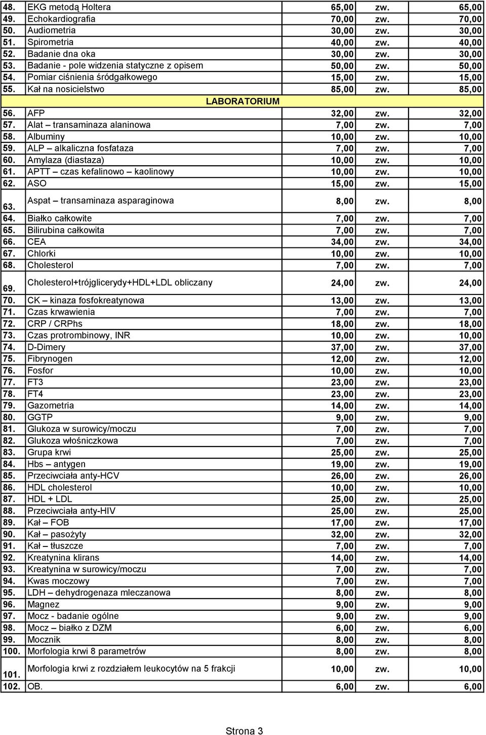 Amylaza (diastaza) 61. APTT czas kefalinowo kaolinowy 62. ASO 15,00 zw. 15,00 63. Aspat transaminaza asparaginowa 64. Białko całkowite 65. Bilirubina całkowita 66. CEA 34,00 zw. 34,00 67. Chlorki 68.