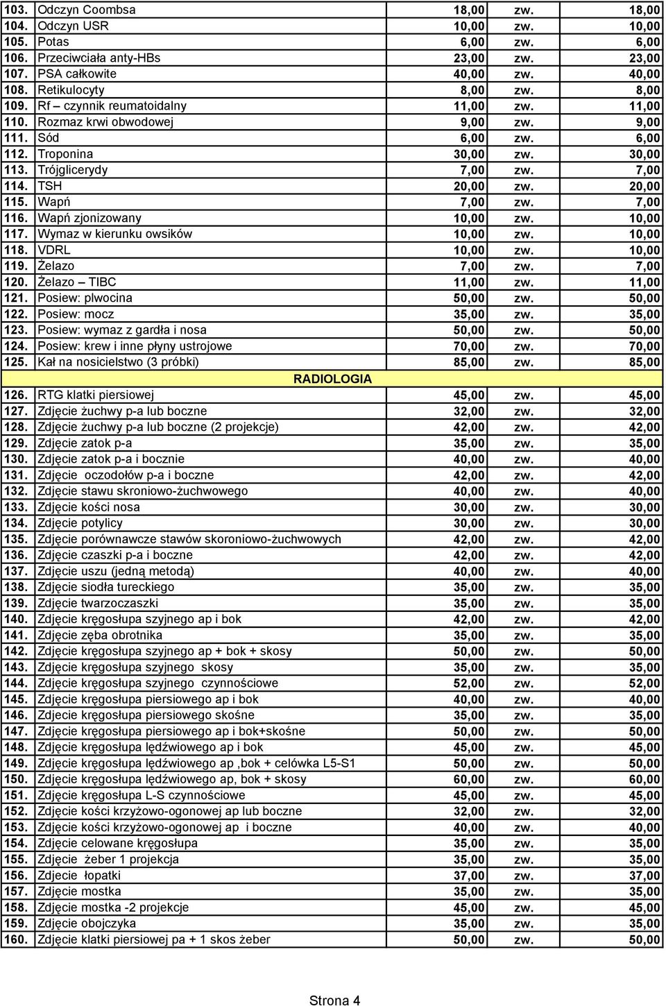 11,00 121. Posiew: plwocina 122. Posiew: mocz 123. Posiew: wymaz z gardła i nosa 124. Posiew: krew i inne płyny ustrojowe 125. Kał na nosicielstwo (3 próbki) 85,00 zw. 85,00 RADIOLOGIA 126.