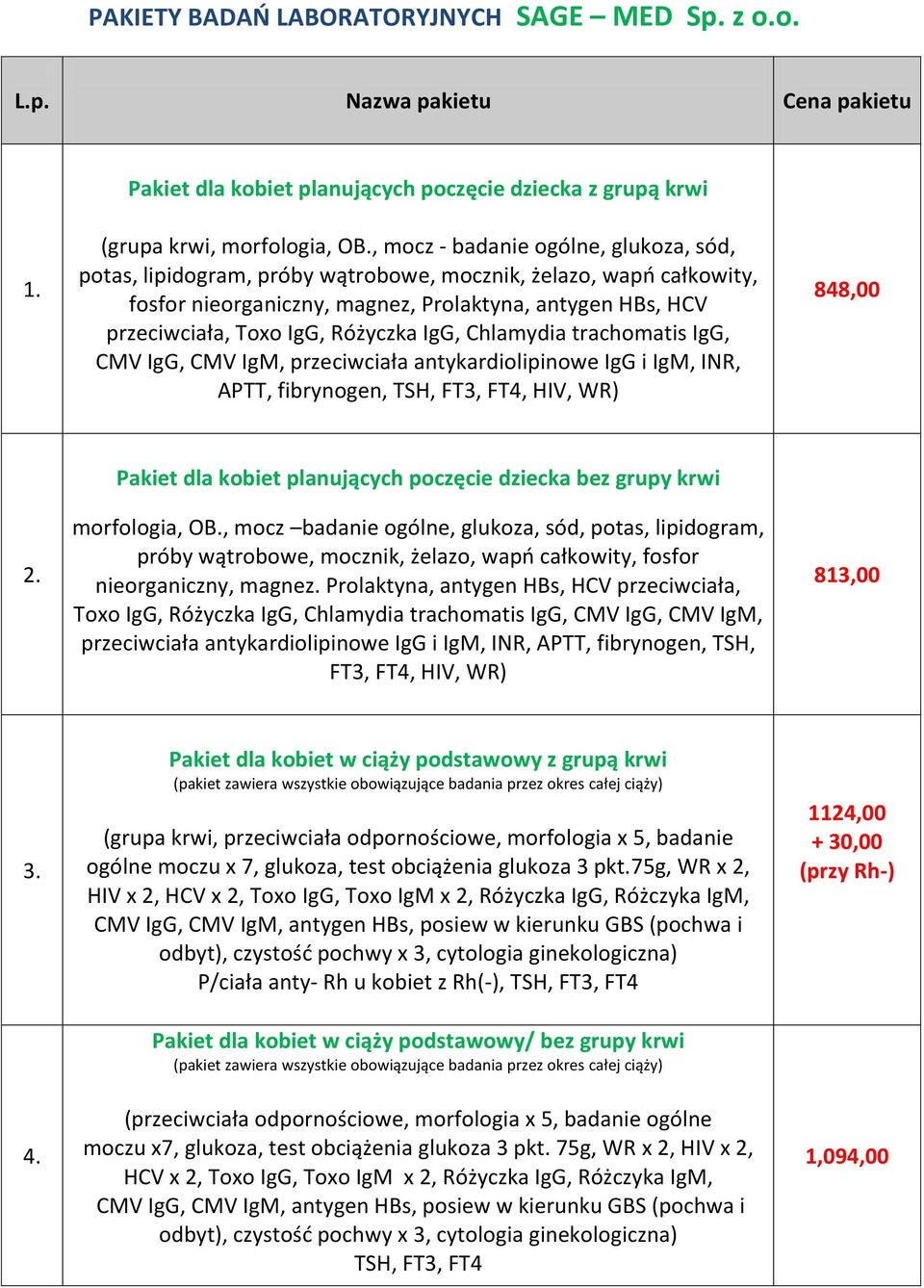 IgG, Chlamydia trachomatis IgG, CMV IgG, CMV IgM, przeciwciała antykardiolipinowe IgG i IgM, INR, APTT, fibrynogen, TSH, FT3, FT4, HIV, WR) 848,00 2.