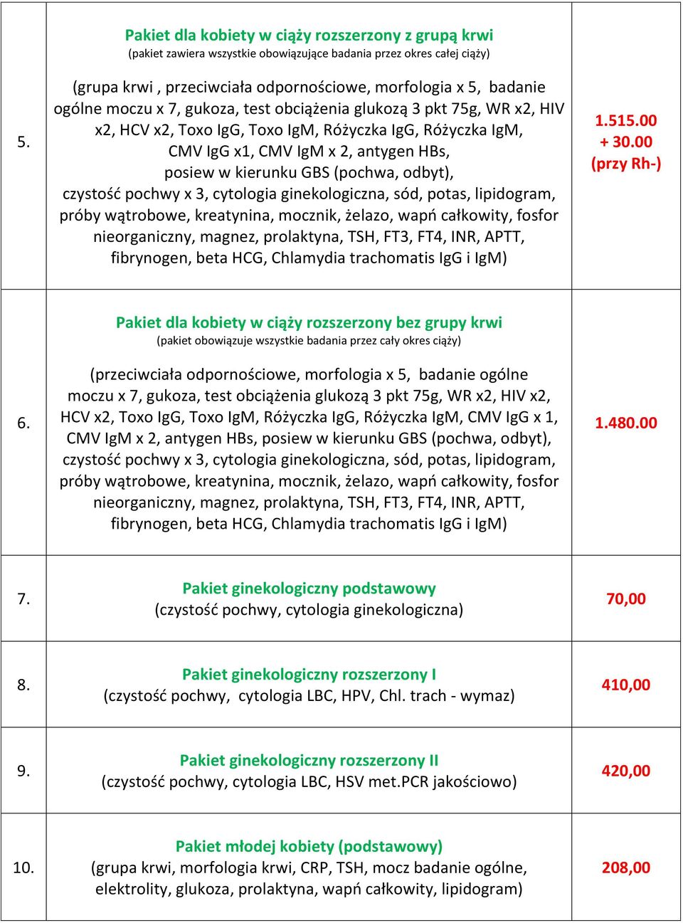 próby wątrobowe, kreatynina, mocznik, żelazo, wapń całkowity, fosfor nieorganiczny, magnez, prolaktyna, TSH, FT3, FT4, INR, APTT, fibrynogen, beta HCG, Chlamydia trachomatis IgG i IgM) 1.515.00 + 30.