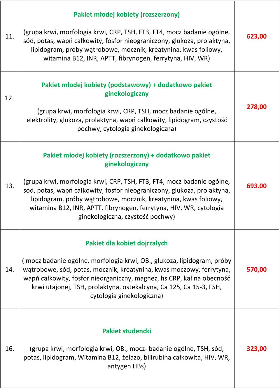 Pakiet młodej kobiety (podstawowy) + dodatkowo pakiet ginekologiczny (grupa krwi, morfologia krwi, CRP, TSH, mocz badanie ogólne, elektrolity, glukoza, prolaktyna, wapń całkowity, lipidogram,