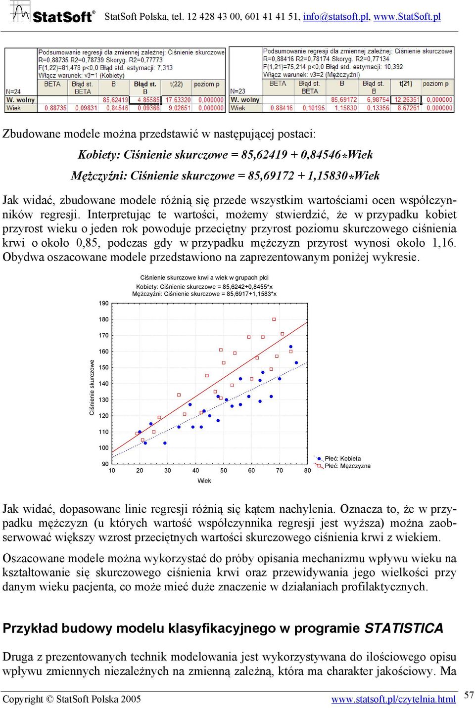Interpretując te wartości, możemy stwierdzić, że w przypadku kobiet przyrost wieku o jeden rok powoduje przeciętny przyrost poziomu skurczowego ciśnienia krwi o około 0,85, podczas gdy w przypadku