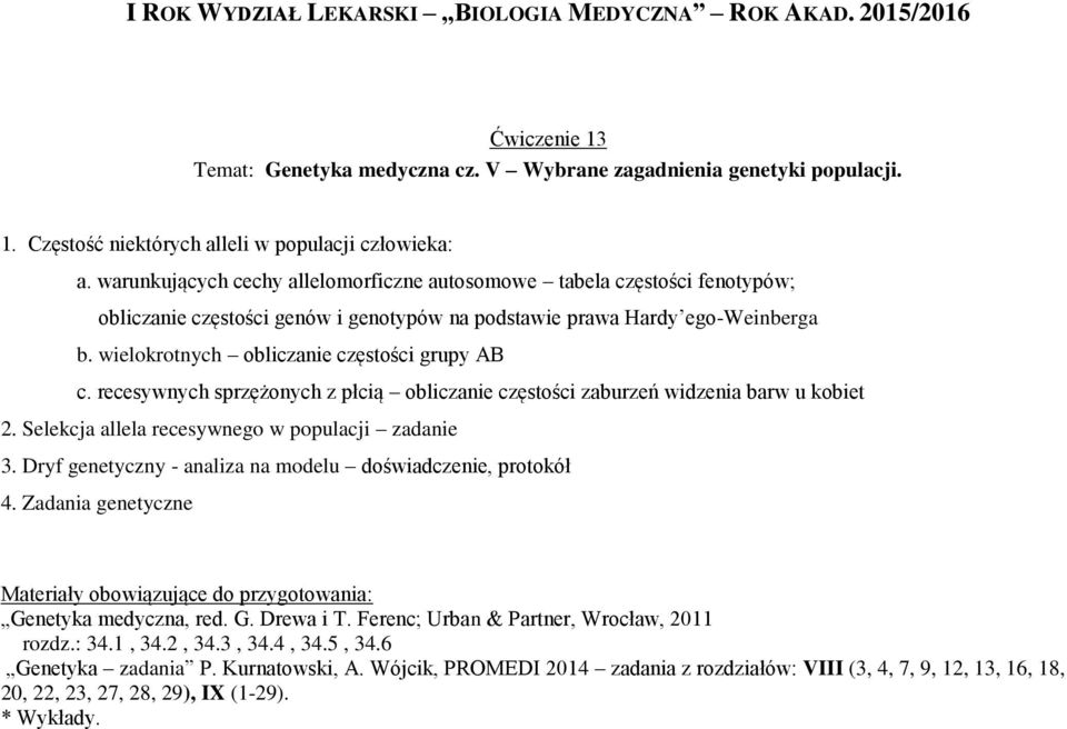 wielokrotnych obliczanie częstości grupy AB c. recesywnych sprzężonych z płcią obliczanie częstości zaburzeń widzenia barw u kobiet 2. Selekcja allela recesywnego w populacji zadanie 3.