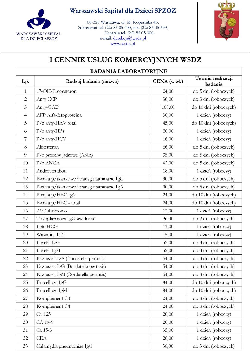 (roboczy) 5 P/c anty-hav total 45,00 do 10 dni (roboczych) 6 P/c anty-hbs 20,00 1 dzień (roboczy) 7 P/c anty-hcv 16,00 1 dzień (roboczy) 8 Aldosteron 66,00 do 5 dni (roboczych) 9 P/c przeciw jądrowe