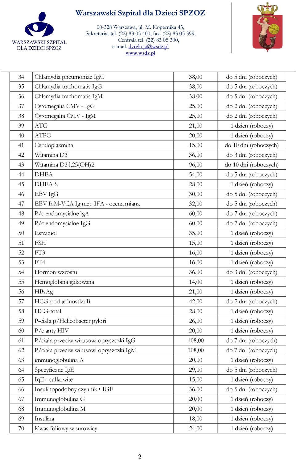 36,00 do 3 dni (roboczych) 43 Witamina D3 l,25(oh)2 96,00 do 10 dni (roboczych) 44 DHEA 54,00 do 5 dni (roboczych) 45 DHEA-S 28,00 1 dzień (roboczy) 46 EBV IgG 30,00 do 5 dni (roboczych) 47 EBV