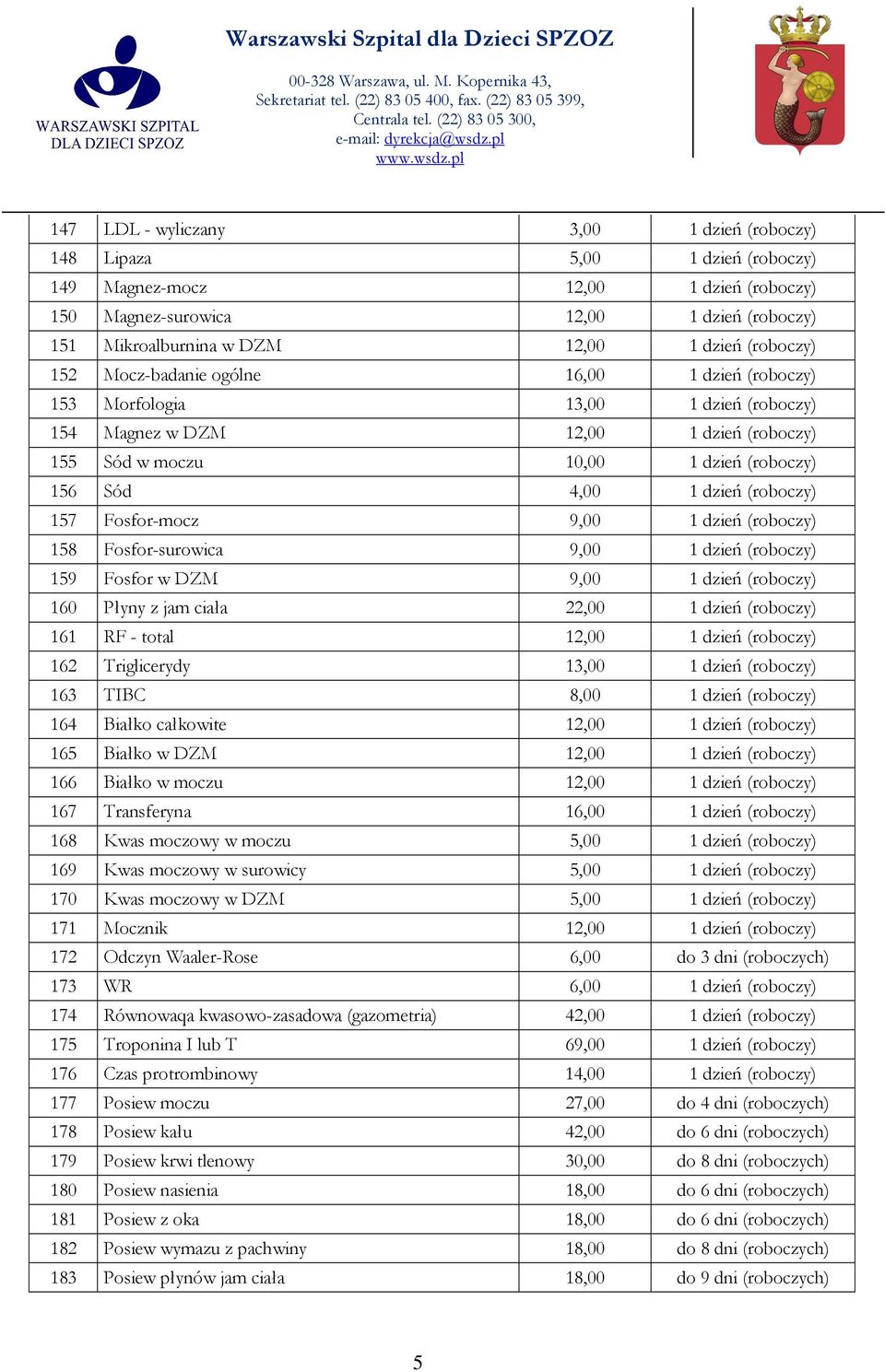 (roboczy) 157 Fosfor-mocz 9,00 1 dzień (roboczy) 158 Fosfor-surowica 9,00 1 dzień (roboczy) 159 Fosfor w DZM 9,00 1 dzień (roboczy) 160 Płyny z jam ciała 22,00 1 dzień (roboczy) 161 RF - total 12,00