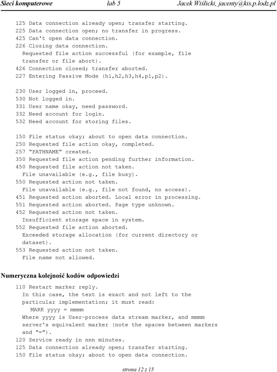 530 Not logged in. 331 User name okay, need password. 332 Need account for login. 532 Need account for storing files. 150 File status okay; about to open data connection.