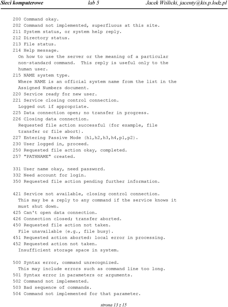 Where NAME is an official system name from the list in the Assigned Numbers document. 220 Service ready for new user. 221 Service closing control connection. Logged out if appropriate.