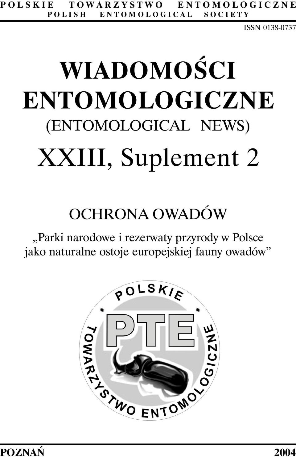 (ENTOMOLOGICAL NEWS) XXIII, Suplement 2 OCHRONA OWADÓW Parki narodowe i
