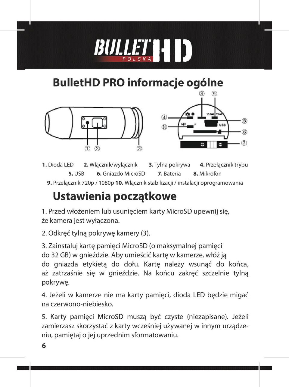 Zainstaluj kartę pamięci MicroSD (o maksymalnej pamięci do 32 GB) w gnieździe. Aby umieścić kartę w kamerze, włóż ją do gniazda etykietą do dołu.