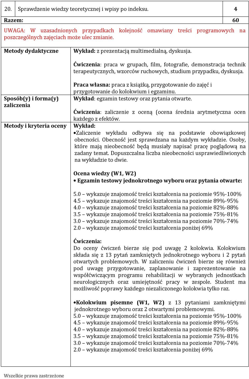 Sposób(y) i forma(y) zaliczenia Metody i kryteria oceny Praca własna: praca z książką, przygotowanie do zajęć i przygotowanie do kolokwium i egzaminu. Wykład: egzamin testowy oraz pytania otwarte.