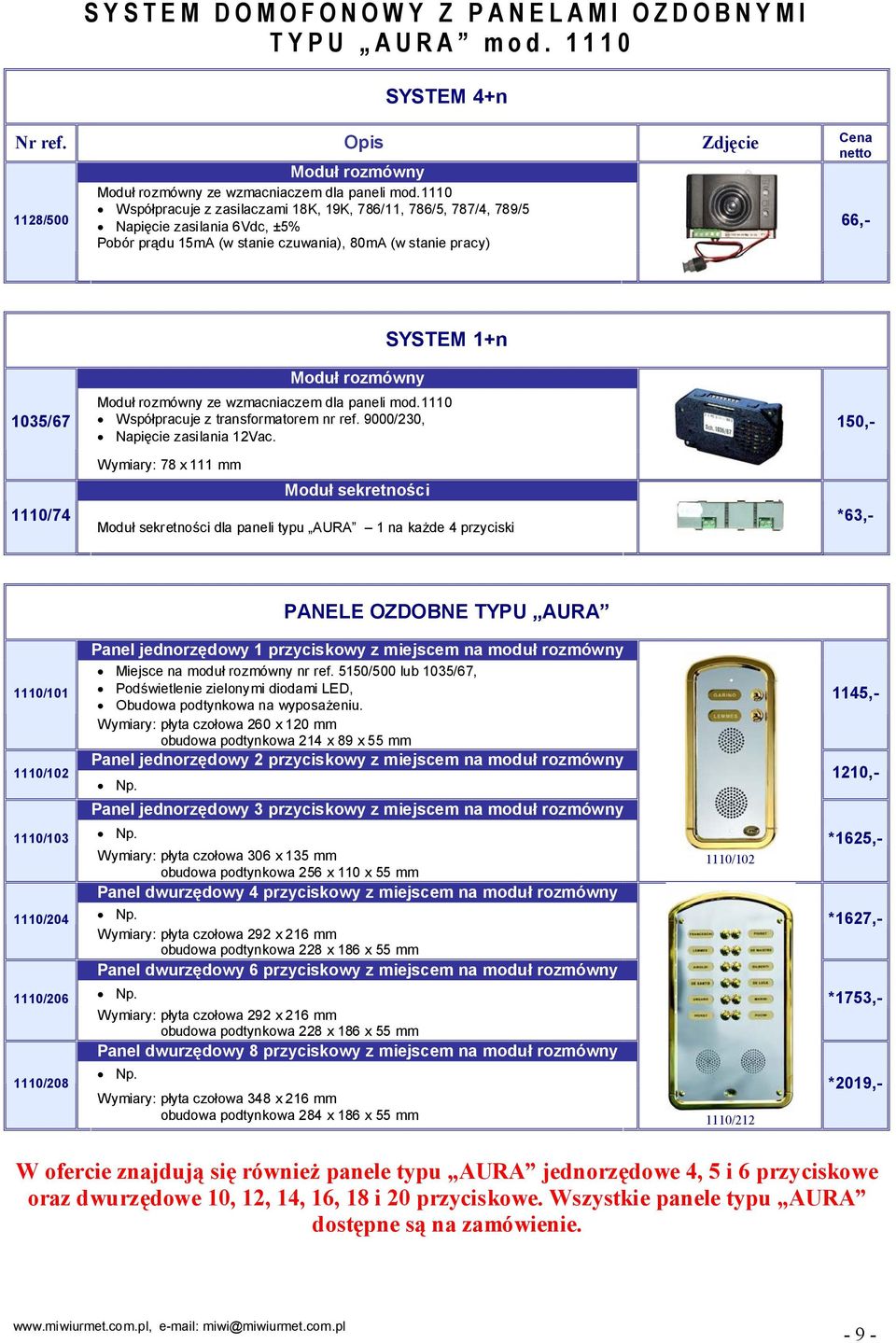 Moduł rozmówny Moduł rozmówny ze wzmacniaczem dla paneli mod.1110 Współpracuje z transformatorem nr ref. 9000/230, Napięcie zasilania 12Vac.