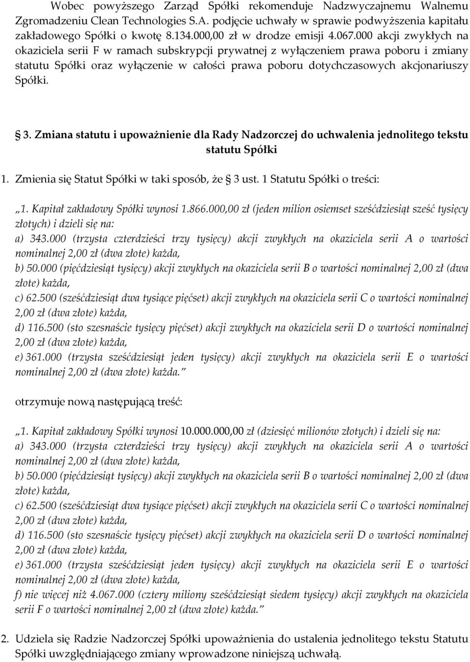 000 akcji zwykłych na okaziciela serii F w ramach subskrypcji prywatnej z wyłączeniem prawa poboru i zmiany statutu Spółki oraz wyłączenie w całości prawa poboru dotychczasowych akcjonariuszy Spółki.