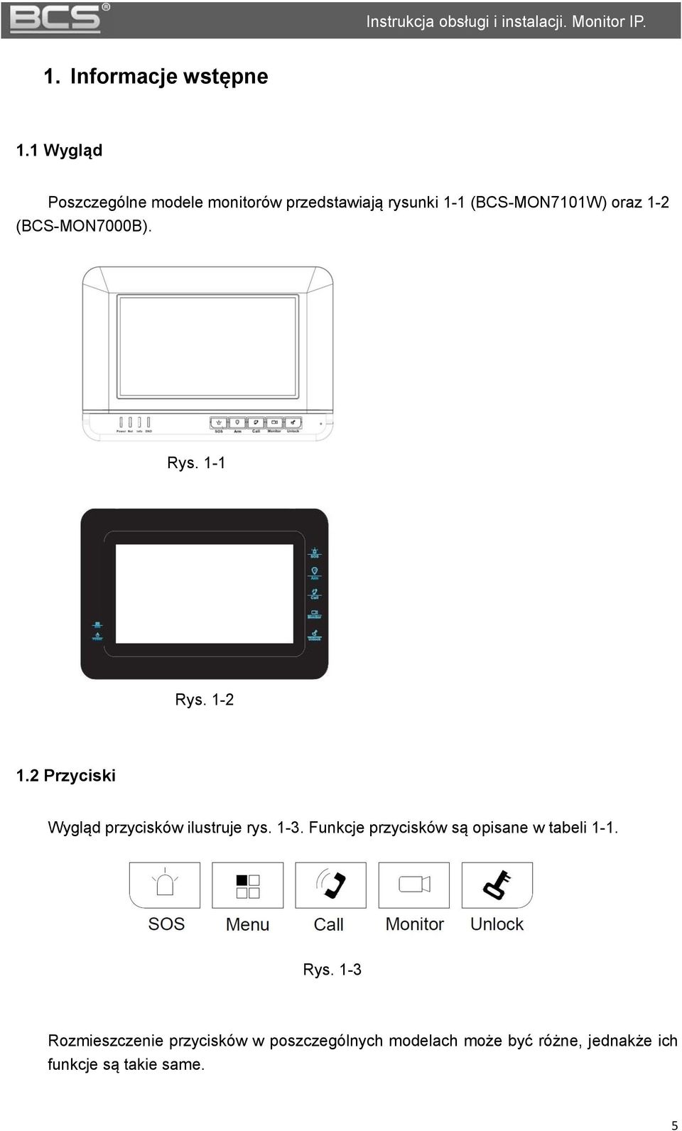 (BCS-MON7000B). Rys. 1-1 Rys. 1-2 1.2 Przyciski Wygląd przycisków ilustruje rys. 1-3.