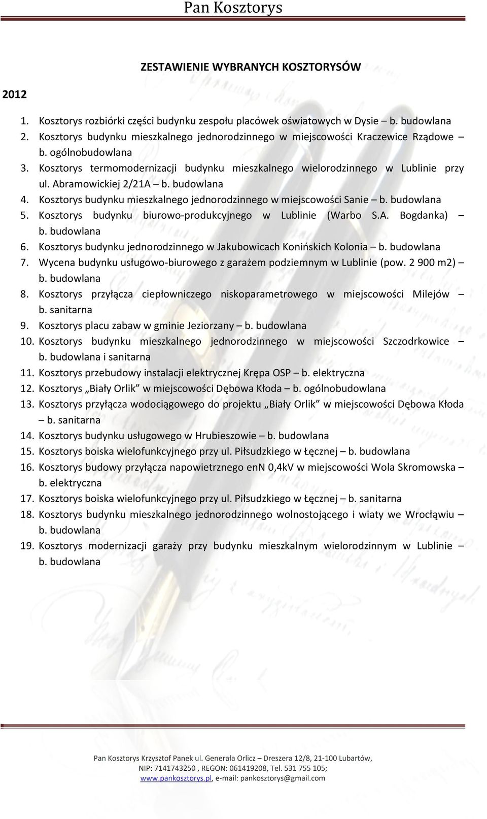 Kosztorys budynku biurowo-produkcyjnego w Lublinie (Warbo S.A. Bogdanka) 6. Kosztorys budynku jednorodzinnego w Jakubowicach Konińskich Kolonia 7.
