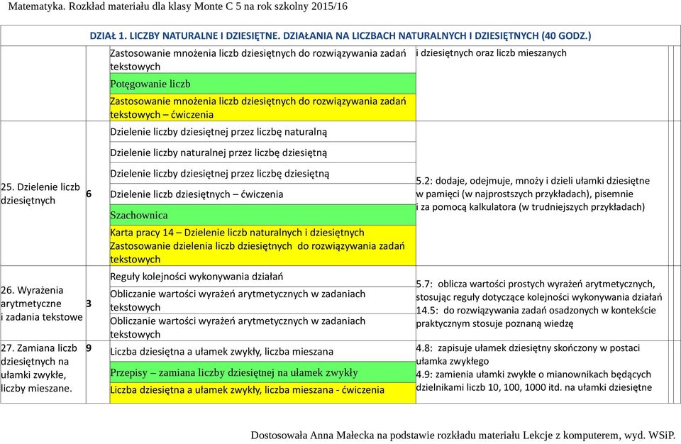 naturalną Dzielenie liczby naturalnej przez liczbę dziesiętną Dzielenie liczby dziesiętnej przez liczbę dziesiętną Dzielenie liczb dziesiętnych ćwiczenia Szachownica Karta pracy 14 Dzielenie liczb