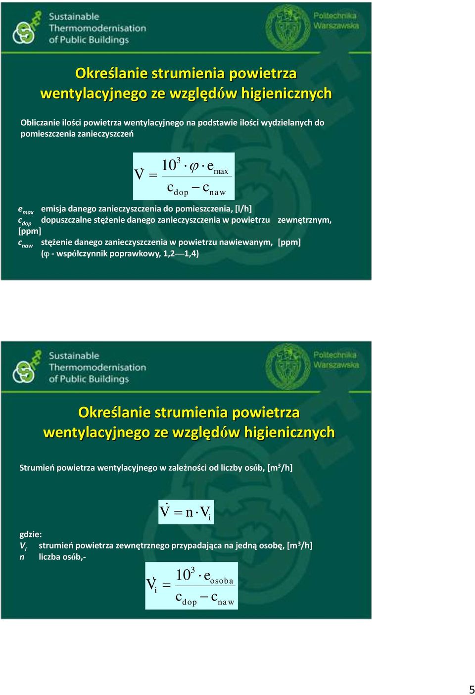 danego zanieczyszczenia w powietrzu nawiewanym, [ppm] ( - współczynnik poprawkowy, 1,2 1,4) Określanie strumienia powietrza wentylacyjnego ze względów higienicznych Strumień powietrza