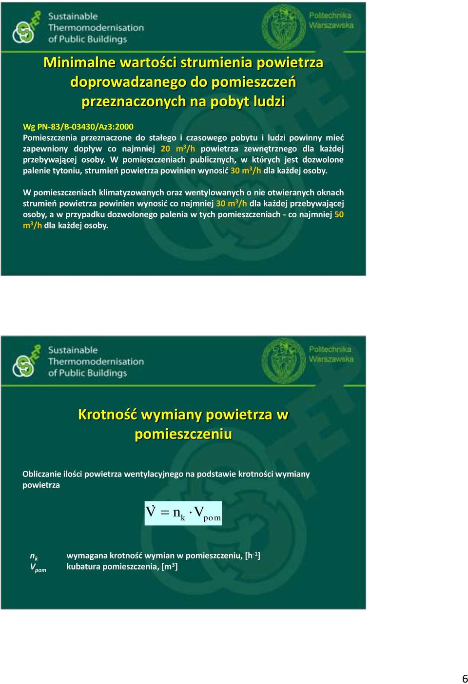 W pomieszczeniach publicznych, w których jest dozwolone palenie tytoniu, strumień powietrza powinien wynosić 30 m 3 /h dla każdej osoby.