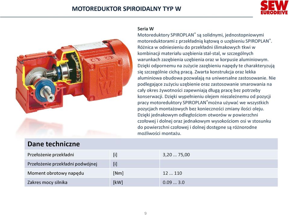 0 [i] Seria W Motoreduktory SPIROPLAN są solidnymi, jednostopniowymi motoreduktorami z przekładnią kątową o uzębieniu SPIROPLAN.