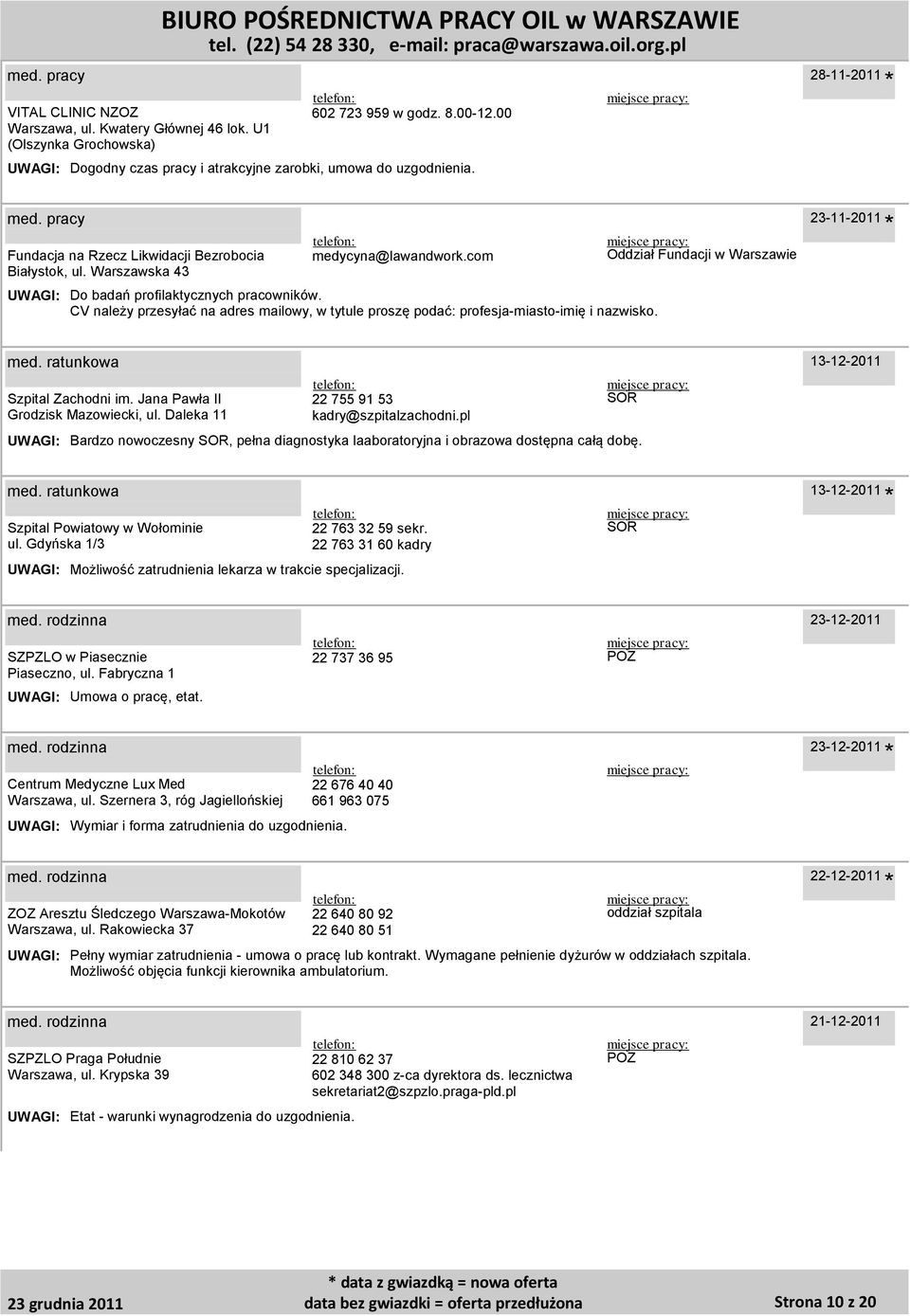 CV należy przesyłać na adres mailowy, w tytule proszę podać: profesja-miasto-imię i nazwisko. Oddział Fundacji w Warszawie 23-11-2011 med.