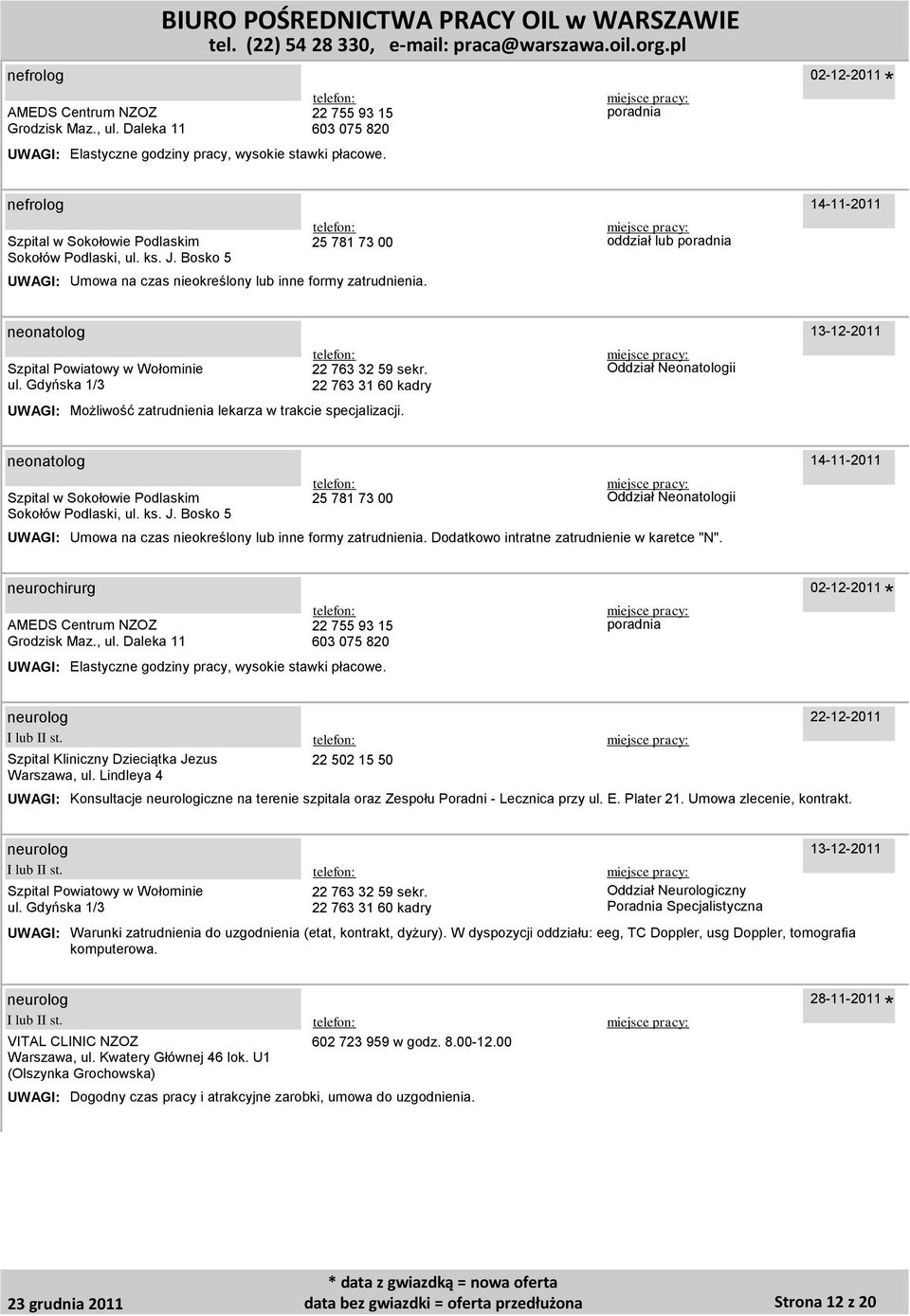 Lindleya 4 22 502 15 50 22-12-2011 Konsultacje neurologiczne na terenie szpitala oraz Zespołu Poradni - Lecznica przy ul. E. Plater 21. Umowa zlecenie, kontrakt. neurolog 22 763 32 59 sekr.
